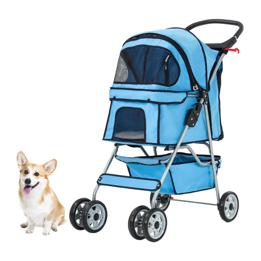 Dog Stroller Folding 4 Wheels Pet Stroller for Small Medium Dog Cat Travel Carrier with Weather Cover Storage Basket Cup Holders Blue
